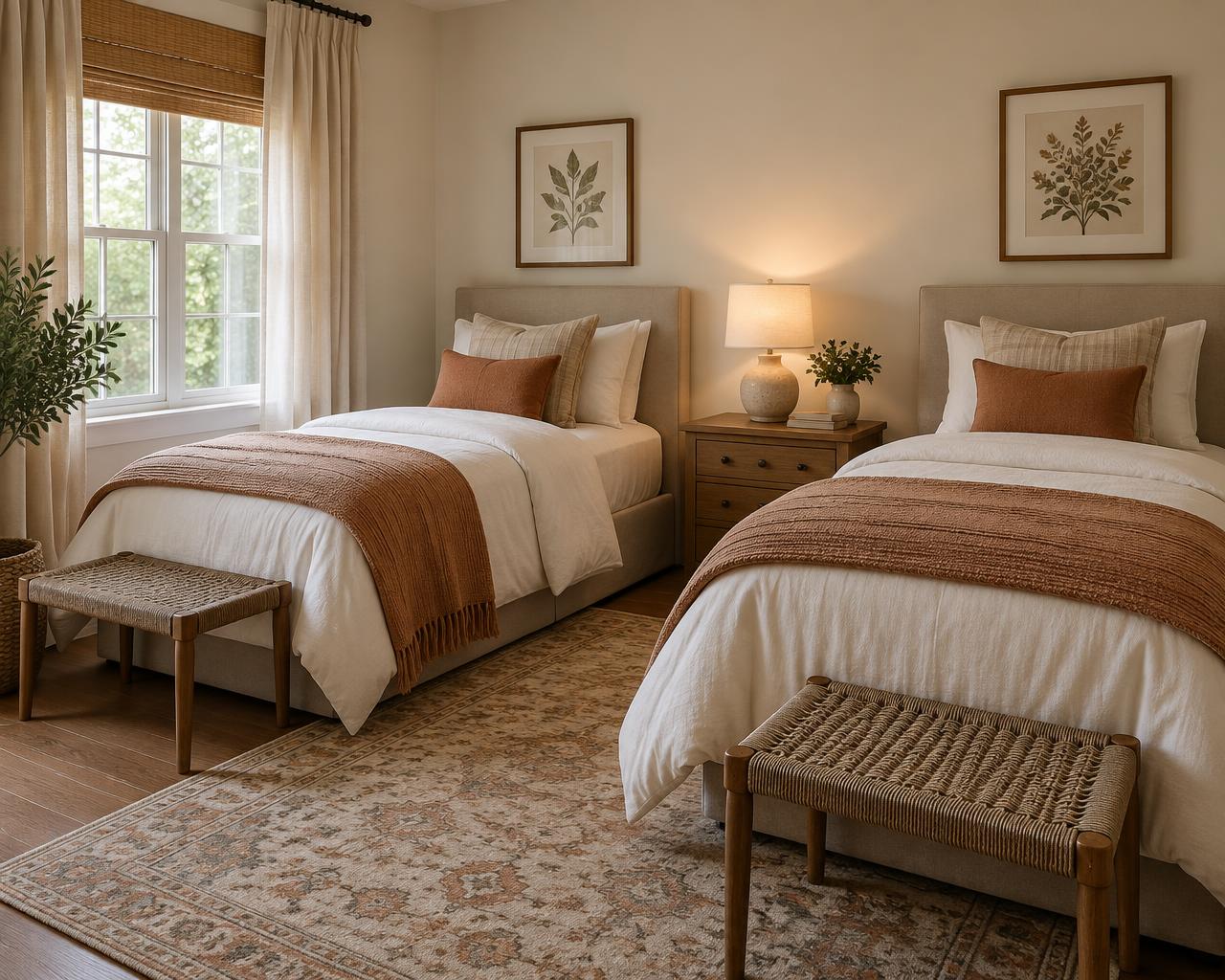 Calm bedroom with two neatly made beds