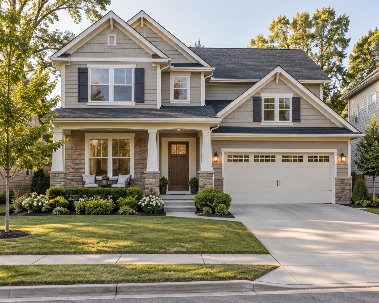 Two-story house exterior with a tidy front yard