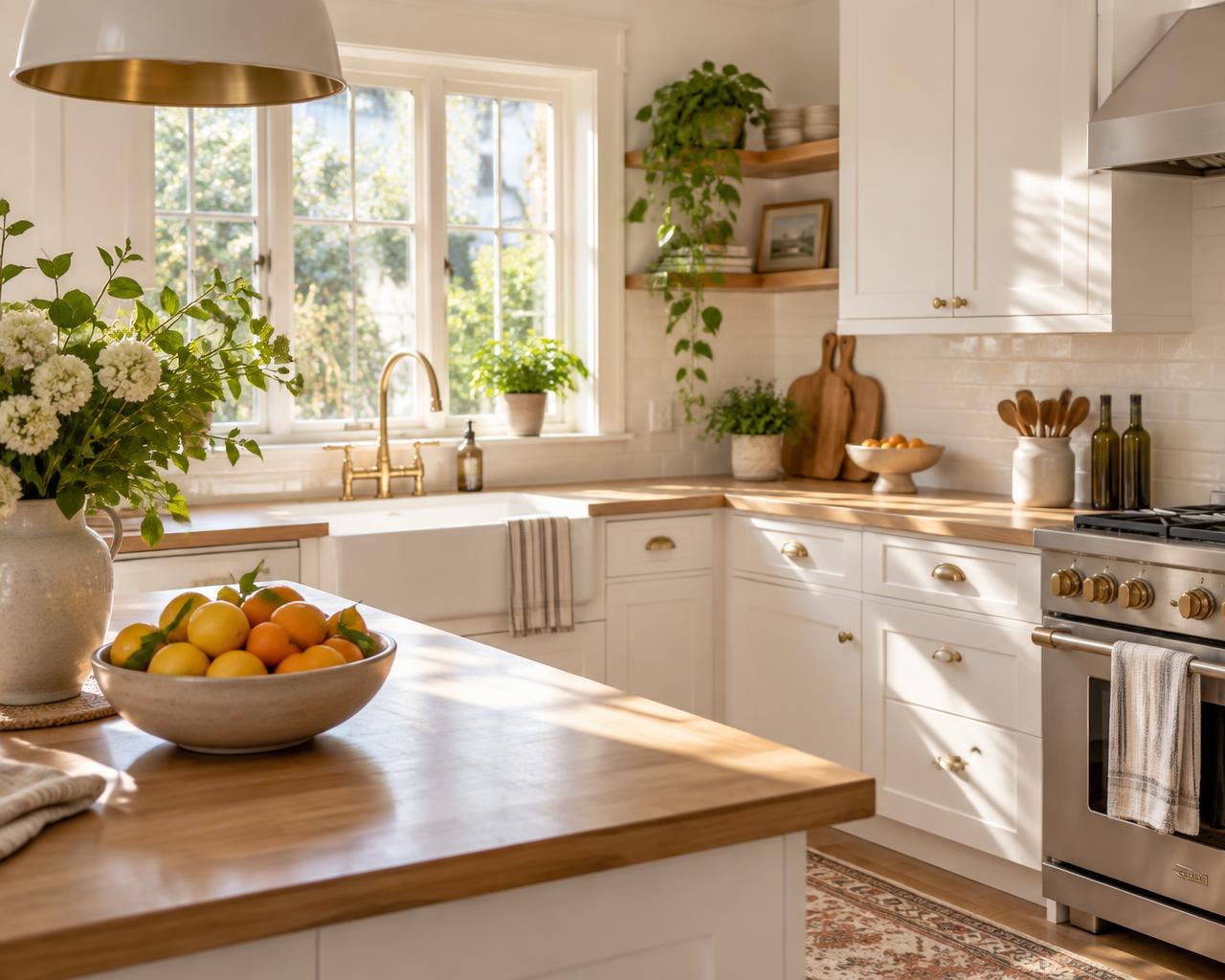 Bright residential kitchen with wood counters