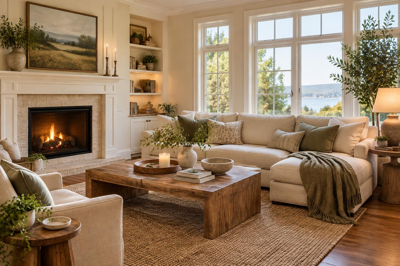 A cozy living room with linen sofas, warm wood floors and daylight through large windows