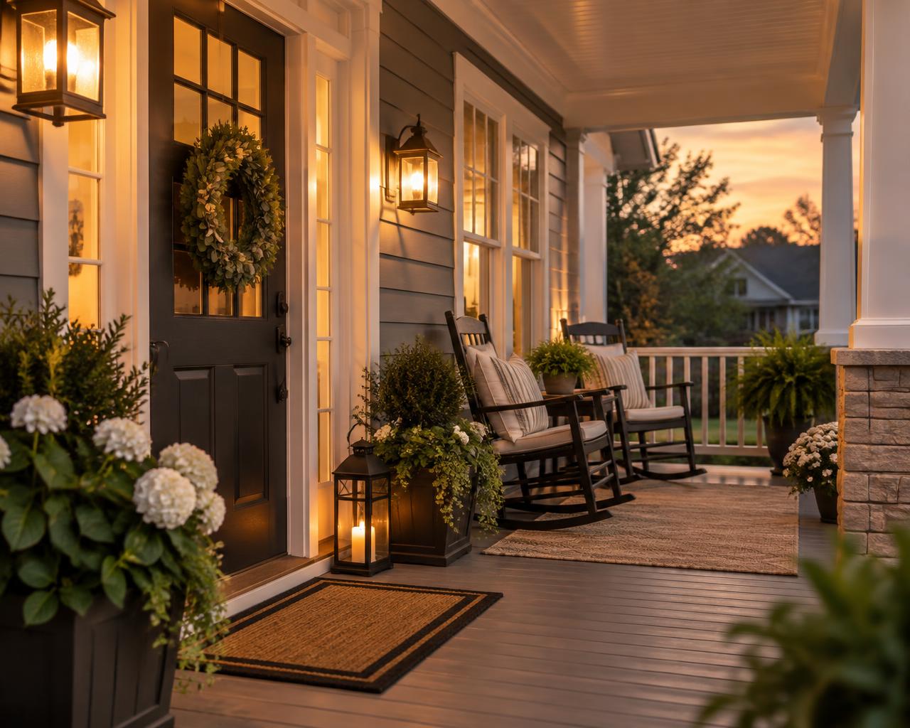 Covered front porch with rocking chairs and plants